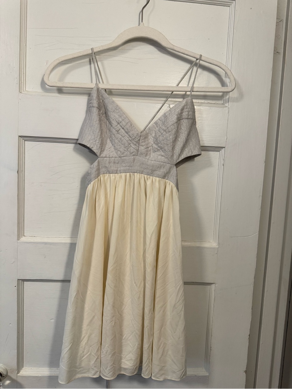 Rebecca Taylor Cream and Gray V‑Neck Midi Dress with Double Spaghetti Straps